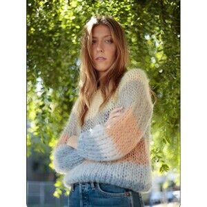 Maiami $450 Mohair Wool Hand Knit Sweater Yellow Blue Silver Peach